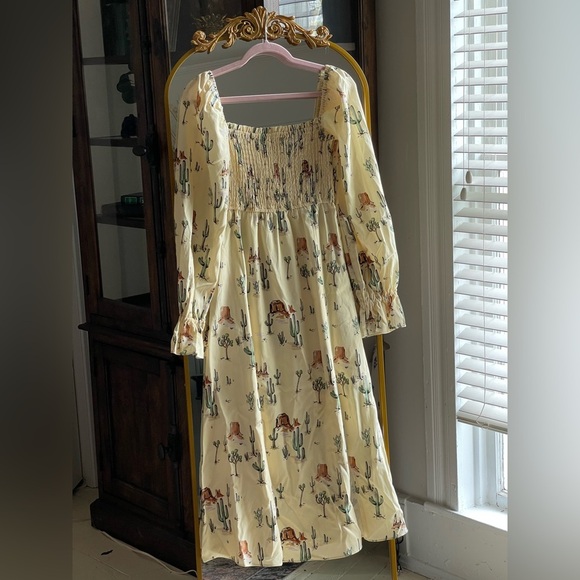 NWOT Jolene Joshua Tree Butter Yellow Print Shirred Western Print Dress - Picture 5 of 12